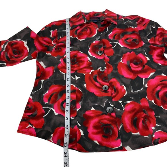 Westbound Petites Rose Print Button-Up Blouse Women SZ 12P Wrinkle-Free Cotton - Picture 6 of 12
